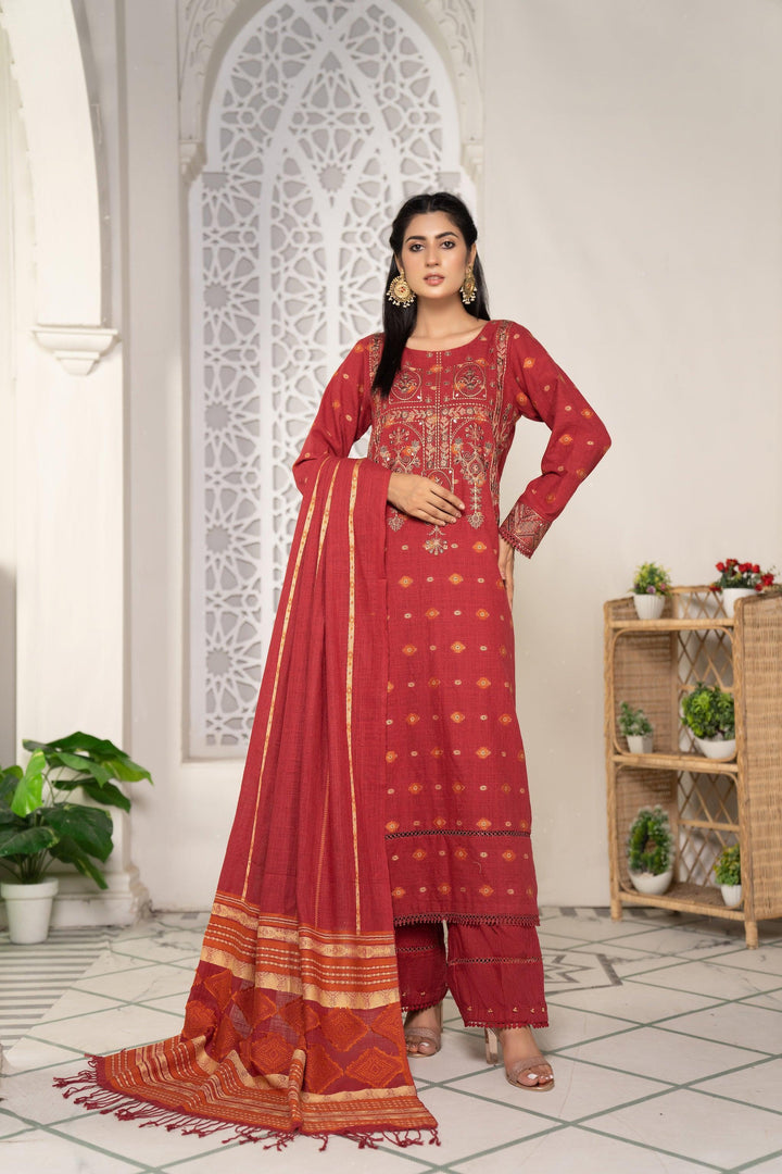 3 Piece Jacquard Khaddar Suit Luxury Pret - AR-3022RED-Mosiquee - ARFARIWAJ