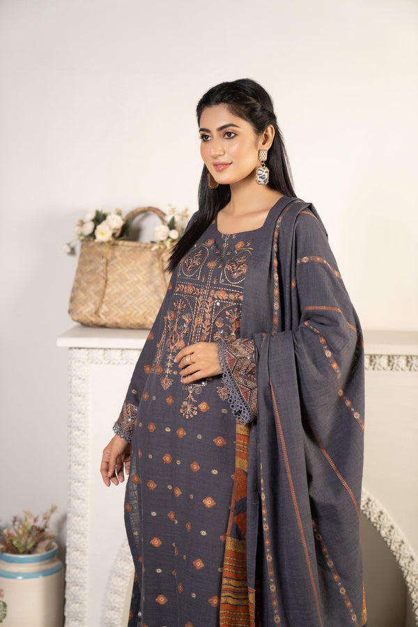 3 Piece Jacquard Khaddar Suit Luxury Pret - AR-3022Grey-Siyahi Mayal - ARFARIWAJ