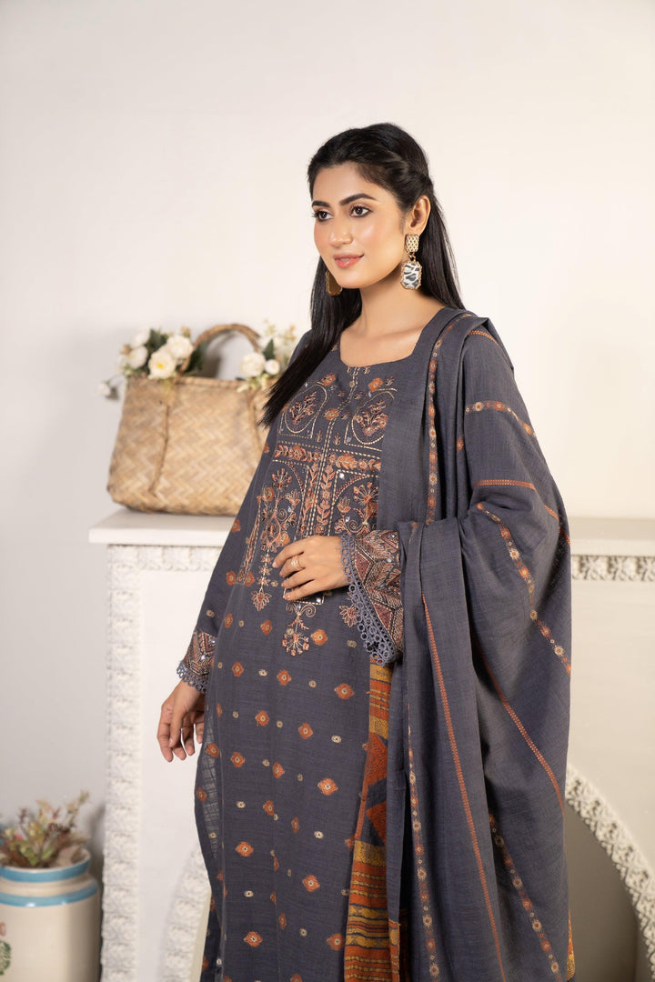 3 Piece Jacquard Khaddar Suit Luxury Pret - AR-3022Grey-Siyahi Mayal - ARFARIWAJ