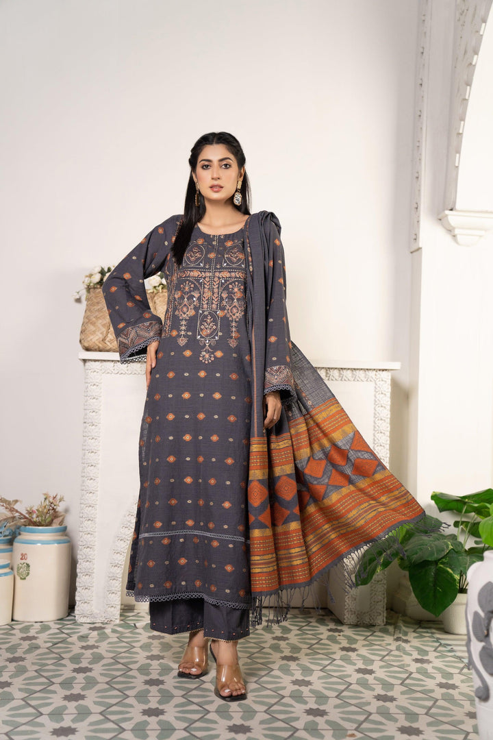 3 Piece Jacquard Khaddar Suit Luxury Pret - AR-3022Grey-Siyahi Mayal - ARFARIWAJ