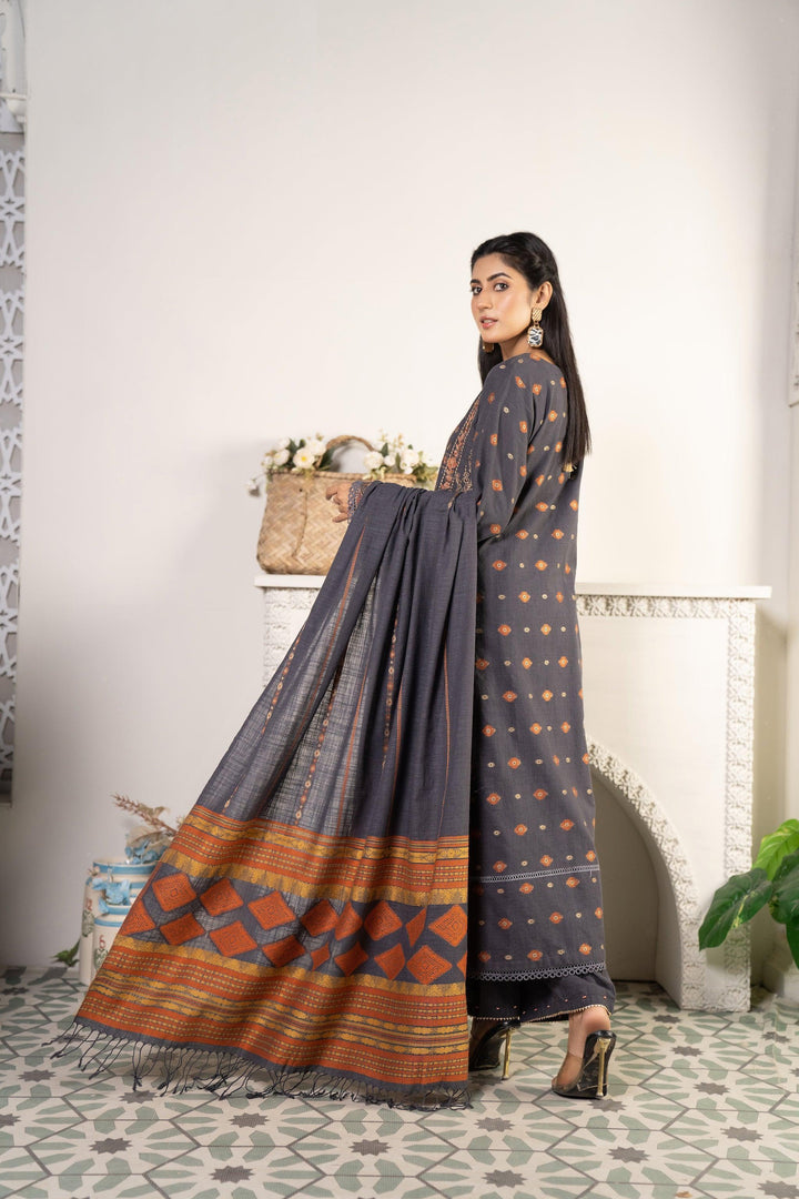 3 Piece Jacquard Khaddar Suit Luxury Pret - AR-3022Grey-Siyahi Mayal - ARFARIWAJ
