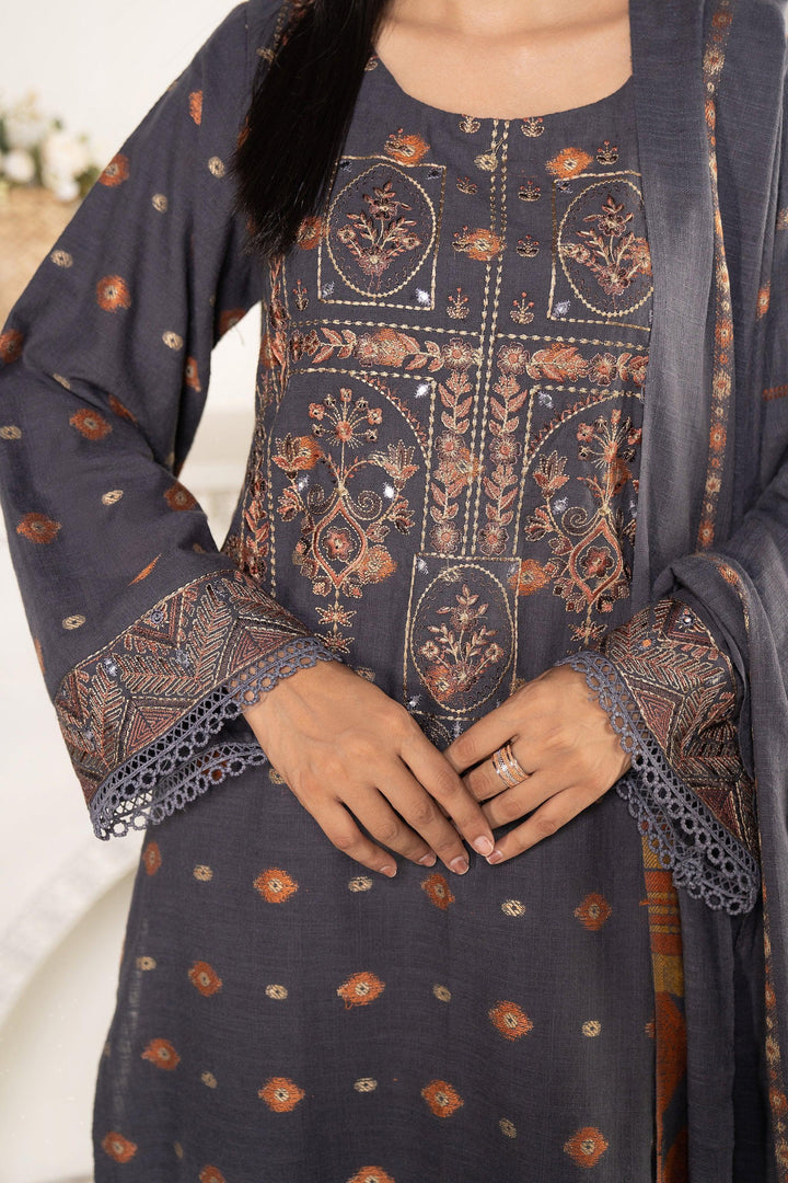 3 Piece Jacquard Khaddar Suit Luxury Pret - AR-3022Grey-Siyahi Mayal - ARFARIWAJ