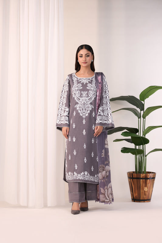 3 Piece Embroidered Suit Luxury Pret - AR-3396-Smoke - ARFARIWAJ