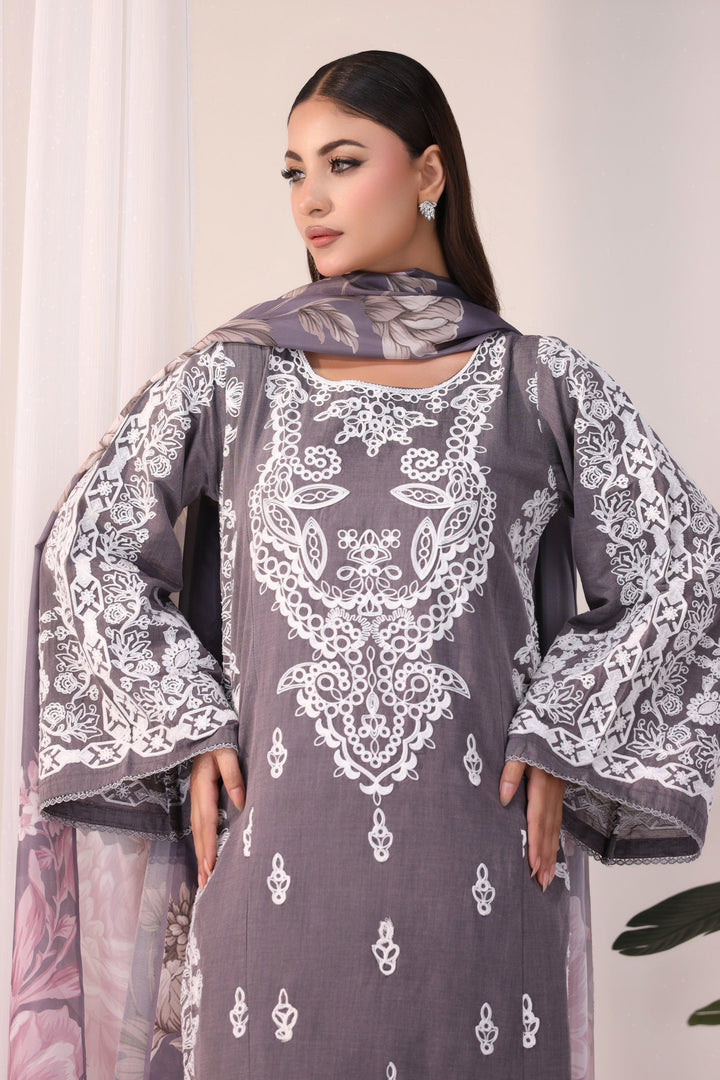 3 Piece Embroidered Suit Luxury Pret - AR-3396-Smoke - ARFARIWAJ