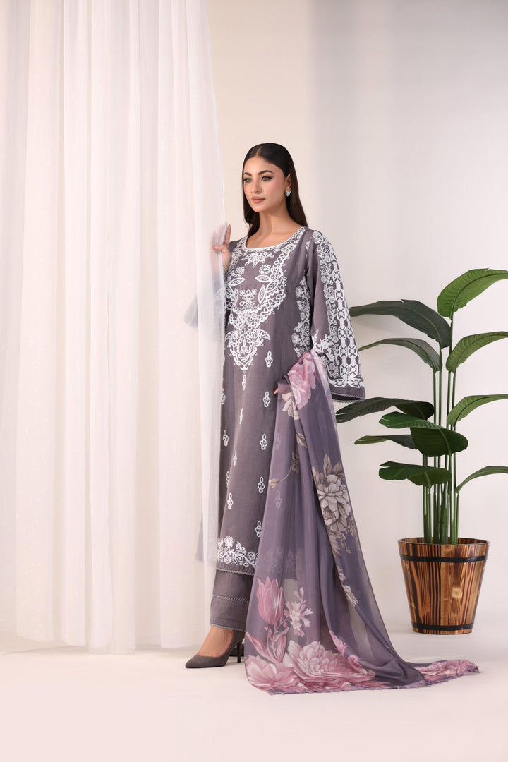 3 Piece Embroidered Suit Luxury Pret - AR-3396-Smoke - ARFARIWAJ